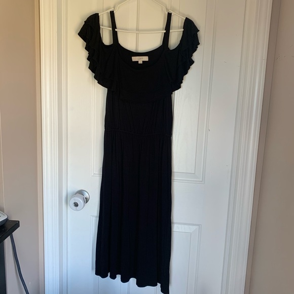 Loft Black Tall Ruffle Cold Shoulder Dress S - Picture 2 of 7